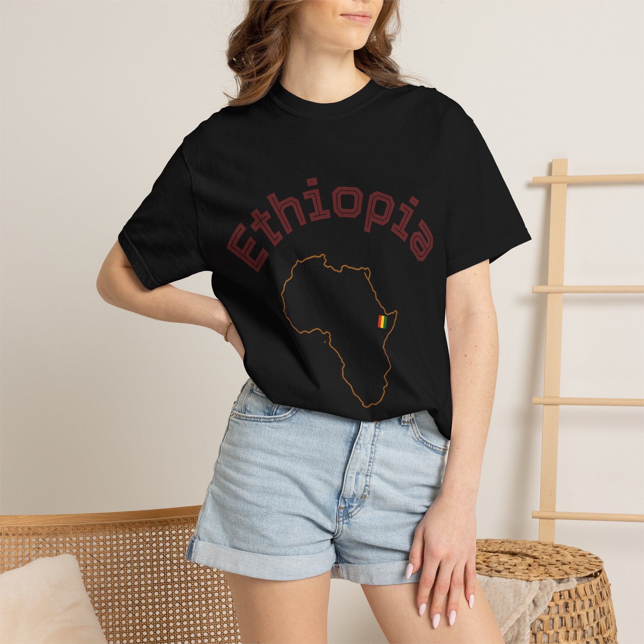 Ethiopia Map T-Shirt — Outline Map with Ethiopian Flag Accent